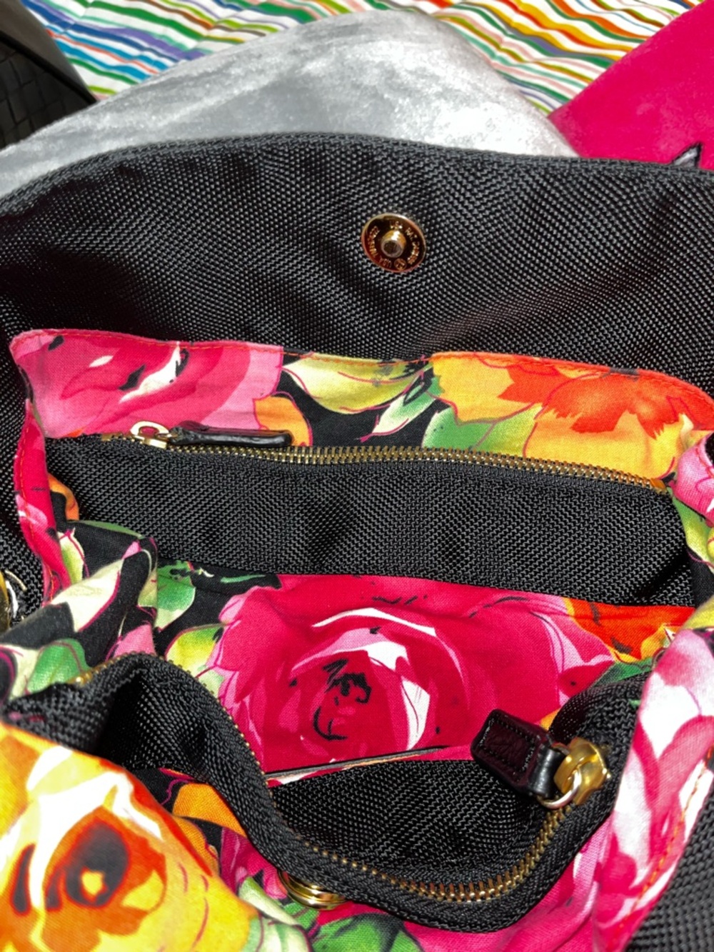 Black Shoulder Bag with Gold Rings and Floral liner